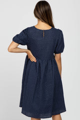 Navy Blue Square Dot Puff Sleeve Babydoll Maternity Dress