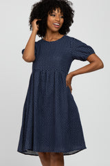 Navy Blue Square Dot Puff Sleeve Babydoll Dress