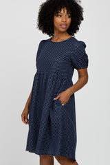 Navy Blue Square Dot Puff Sleeve Babydoll Dress