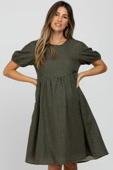 Olive Square Dot Puff Sleeve Babydoll Maternity Dress