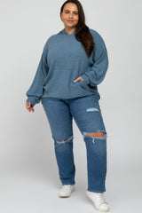 Blue Brushed Ribbed Maternity Plus Hooded Top