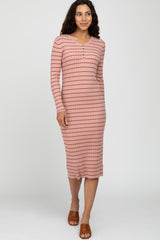 Pink Ribbed Striped Midi Dress