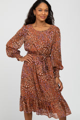 Rust Floral Long Sleeve Midi Dress