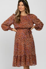 Rust Floral Long Sleeve Maternity Midi Dress