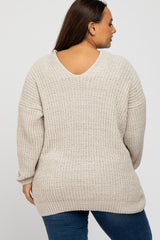 Beige Chenille Knit V-Neck Plus Sweater