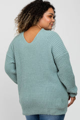 Mint Green Chenille Knit V-Neck Maternity Plus Sweater