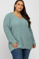 Mint Green Chenille Knit V-Neck Plus Sweater