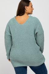 Mint Green Chenille Knit V-Neck Plus Sweater