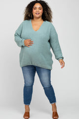 Mint Green Chenille Knit V-Neck Maternity Plus Sweater