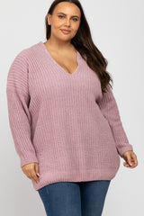 Mauve Chenille Knit V-Neck Maternity Plus Sweater