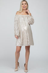 Light Taupe Sequin Off Shoulder Maternity Dress