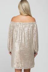 Light Taupe Sequin Off Shoulder Maternity Dress