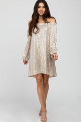 Light Taupe Sequin Off Shoulder Maternity Dress