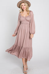 Mauve Satin Ruched Sweetheart Neck Midi Dress