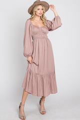 Mauve Satin Ruched Sweetheart Neck Midi Dress