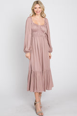 Mauve Satin Ruched Sweetheart Neck Midi Dress