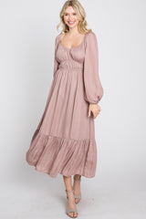 Mauve Satin Ruched Sweetheart Neck Midi Dress