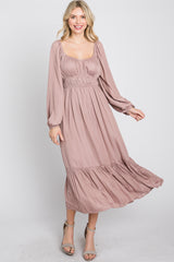 Mauve Satin Ruched Sweetheart Neck Midi Dress