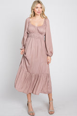 Mauve Satin Ruched Sweetheart Neck Midi Dress