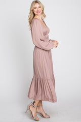 Mauve Satin Ruched Sweetheart Neck Midi Dress