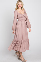 Mauve Satin Ruched Sweetheart Neck Midi Dress