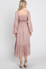 Mauve Satin Ruched Sweetheart Neck Midi Dress