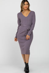 Lavender Ribbed Knit Waist Tie Maternity Midi Dress