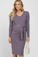 Lavender Ribbed Knit Waist Tie Maternity Midi Dress