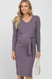 Lavender Ribbed Knit Waist Tie Maternity Midi Dress