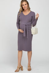 Lavender Ribbed Knit Waist Tie Maternity Midi Dress