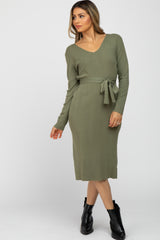 Light Olive Ribbed Knit Waist Tie Maternity Midi Dress