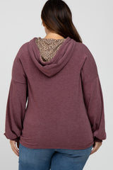 Burgundy Animal Print Drawstring Plus Hooded Top