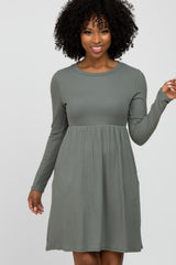 Grey Ribbed Knit Long Sleeve Dress