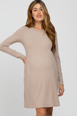 Beige Ribbed Knit Long Sleeve Maternity Dress