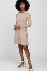 Beige Ribbed Knit Long Sleeve Maternity Dress