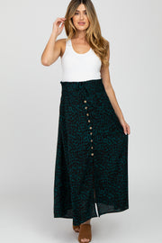 Emerald Green Satin Leopard Drawstring Maternity Maxi Skirt