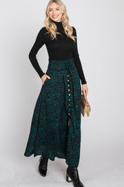 Emerald Green Satin Leopard Drawstring Maxi Skirt