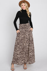 Brown Satin Leopard Drawstring Maxi Skirt