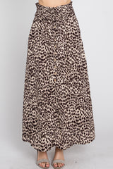 Brown Satin Leopard Drawstring Maxi Skirt