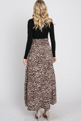 Brown Satin Leopard Drawstring Maxi Skirt