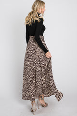 Brown Satin Leopard Drawstring Maxi Skirt