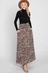 Brown Satin Leopard Drawstring Maxi Skirt