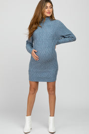 Blue Cable Knit Turtleneck Maternity Sweater Dress