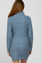 Blue Cable Knit Turtleneck Maternity Sweater Dress