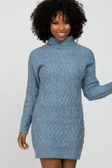 Blue Cable Knit Turtleneck Maternity Sweater Dress