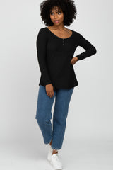 Black Brushed Button Front Top