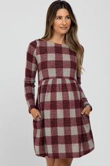 Burgundy Plaid Knit Maternity Dress