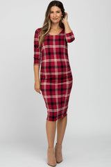 Burgundy Plaid 3/4 Sleeve Ruched Maternity Dress