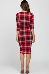 Burgundy Plaid 3/4 Sleeve Ruched Maternity Dress