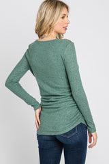 Mint Soft Knit Button Shoulder Ruched Side Top